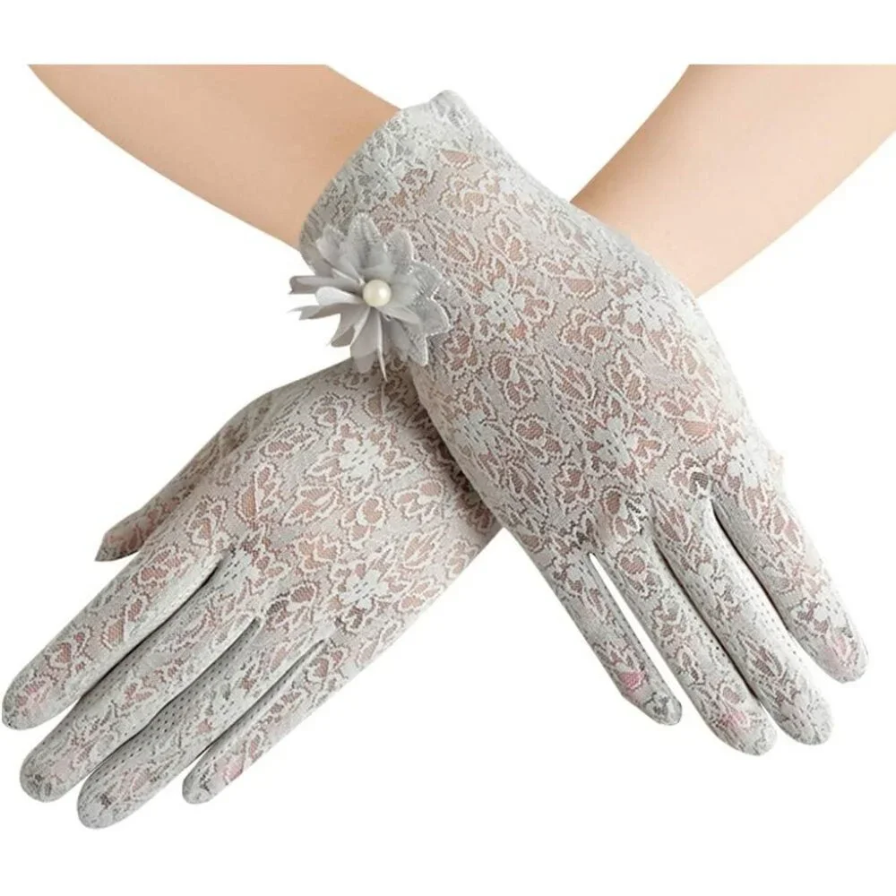 Women's Flower Gray Floral Embroider Lace Gloves Summer Sun Protection